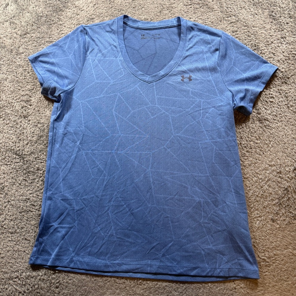 Under Armour Womens HeatGear V-Neck Shirt XL Blue Geometric Pattern Performance